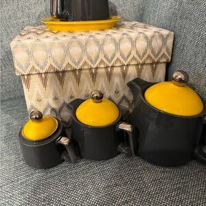 Yellow and Black Tea Set for One!
8 pcs of deep gray & yellow. NWOT
Stacks!